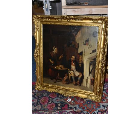 DAVID WILKIE (1785-1841) FIGURES IN AN INTERIOR SCENE, an elderly gentleman is seated beside a fireplace, his wife stands bes