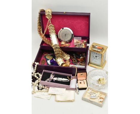 A BOX OF ASSORTED ITEMS, to include a brass 'Woodford' carriage clock, without a key, an AF jewellery box with costume jewell