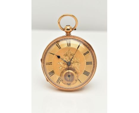 A LATE VICTORIAN 18CT GOLD OPEN FACE POCKET WATCH, key wound, round gold floral detailed dial, Roman numerals, subsidiary dia