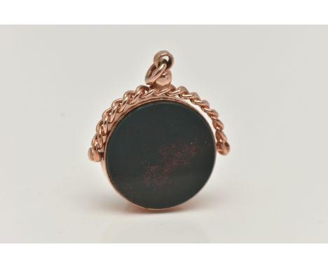 A 9CT GOLD SWIVEL FOB, of circular outline set with carnelian and bloodstone to the curb link grip, 9ct hallmark for Birmingh