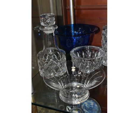 A GROUP OF ORREFORS GLASSWARE, comprising a blue bowl with green foot, a decanter with a pair of co-ordinating vases, a bowl 