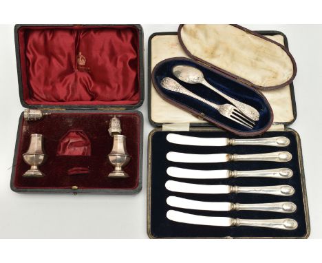 THREE CASED SETS OF SILVER ITEMS, to include a cased Victorian fork and spoon travel set, thistle pattern with engraved carto