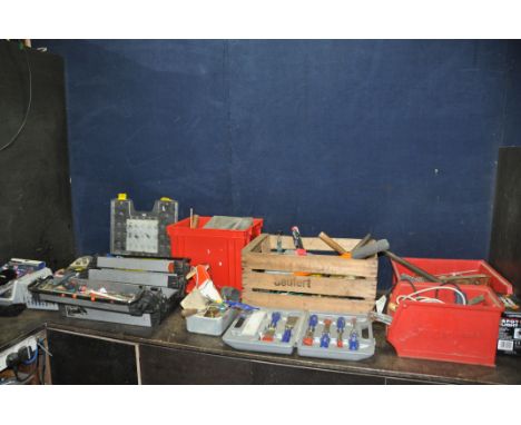 SIX BOXES CONTAINING TOOLS AND WASHING MACHINE PARTS including a  Rolson chisel set, hammers, saws, bearing sets for AEG, Ind