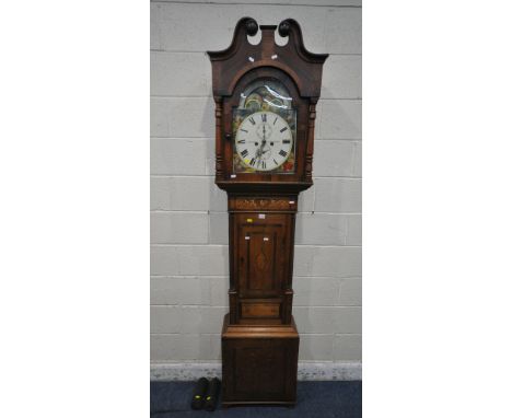 A 19TH CENTURY OAK CASED LONGCASE CLOCK, the hood with twin swan neck pediment, an arched glazed door, enclosing an 11.5 inch