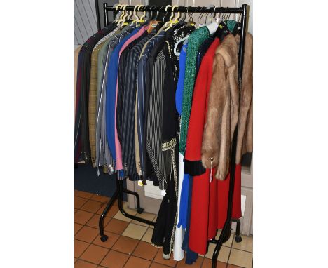 A QUANTITY OF GENTLEMEN'S JACKETS AND LADIES' EVENING WEAR, comprising seventeen men's assorted jackets, mostly UK chest size