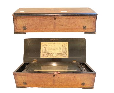 A Swiss walnut cylinder musical box with three comb movement, playing six airs, the tune sheet inscribed Concerto Piccolo (tw
