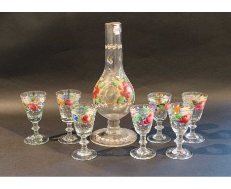 19th/20th century Beykoz Turkish enamel decorated liqueur set, comprising decanter and seven glasses (assembled )