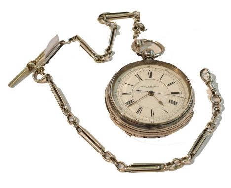 A silver open faced chronograph pocket watch, retailed by Monk Brothers, Bolton, 1889, with attached silver watch chain, and 