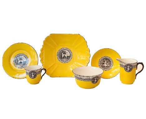 A Shelley tea service pattern 2046, dancing maidens in silhouette on a canary yellow ground (one tray)Condition report: Servi