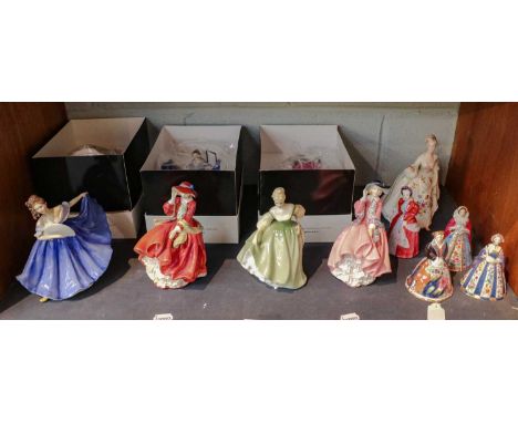 A quantity of Royal Doulton figures, some boxed, together with Royal Worcester candle snuffers, etc. (one shelf)