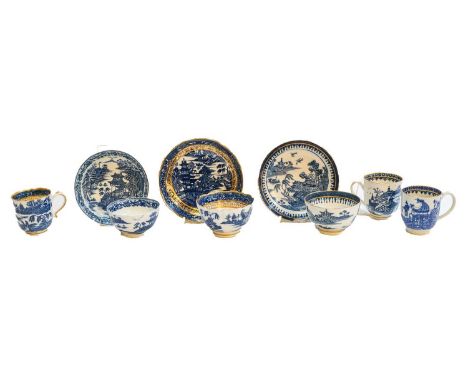 A group of Worcester and Caughley teawares, printed in underglaze blue with Oriental landscapes, late 18th century, (one tray