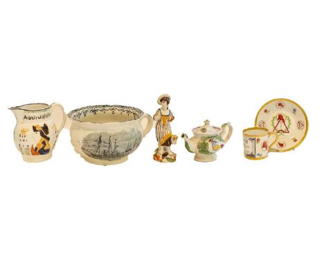 Assorted ceramics including an early 19th century Prattware figure allegorical of Summer (a.f), four Paris porcelain coffee c
