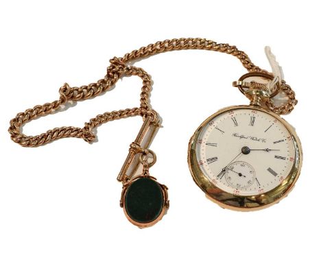 A gold plated open faced pocket watch signed Rockford Watch Co., with a 9 carat gold curb link chain and a 9 carat gold brooc
