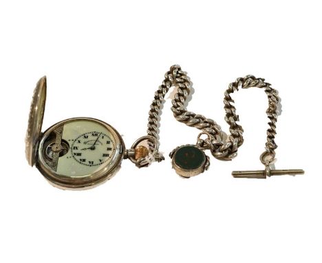 A silver full hunter Hebdomas eight-day pocket watch with attached curb link watch chain and blood stone swivel fobCondition 