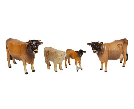 Bull Ch. ''Dunsley Coy Boy'', model No. 1422, Cow Ch. ''Newton Tinkle'', model No. 1345 and Calf, model No. 1249D, all light 
