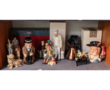 A collection of Royal Doulton character jugs and figures, together with other miscellaneous ceramics (one shelf)Condition rep