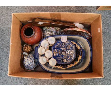 A miscellaneous collection of ceramics, to include: a Glastonbury studio pottery vase, two reproduction blue and white footba