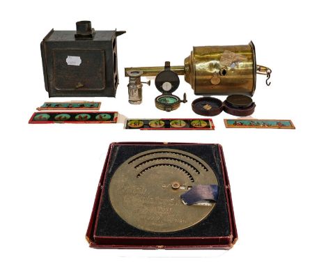 A 19th century telescope, signed 'JNO Hughes', together with a brass spit jack, a marching compass, another cased navigating 