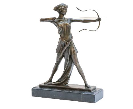 After Preiss, a modern bronze Art Deco style figure of a female archer on a marble plinthCondition report: Bow possibly bent.