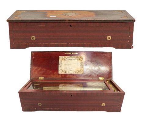 A Swiss ebonised walnut cylinder musical box, single comb with six teeth missingCondition report: Serial number to back-left 