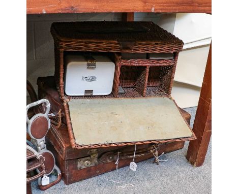 A leather suitcase with initials F.A.S, plus keys, a small leather bag with initials W LYS, picnic basket/hamper A. Barrett a