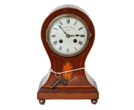 An Edwardian mahogany inlaid balloon-shaped striking mantel clock, 4" enamel dial, retailed by Parkinson &amp; Frodsham, 5 Bu