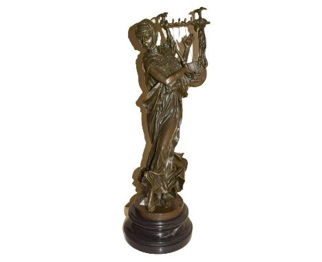 After J.L. Jerome, a modern bronze sculpture of a maiden playing a lyre, 58cm