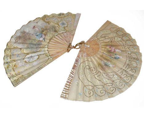 Three mother of pearl fans in boxes, one with paper leaf painted with Classical figures and signed, together with a pair of i