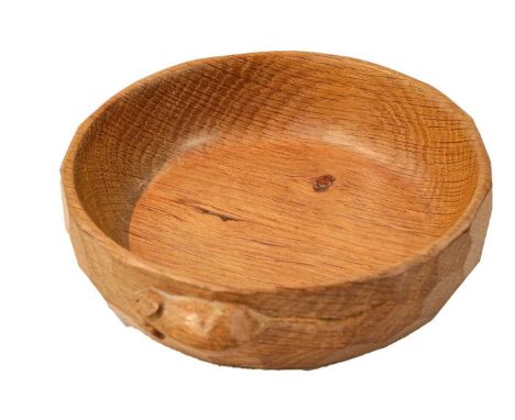 A Robert 'Mouseman' Thompson Yorkshire oak nut dish, with adzed sides and carved to the side with a mouse, 14cm 