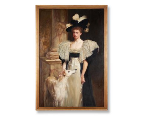 JULIUS HARE (BRITISH 1859-1932)PORTRAIT OF A LADY WITH HER DOGOil on canvas 182 x 120cm (71½ x 47 in.)Condition Report: Relin