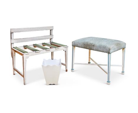 A WHITE PAINTED LUGGAGE STAND20TH CENTURY67cm high, 71cm wide, 40cm deepTogether with a George III style painted stool, possi