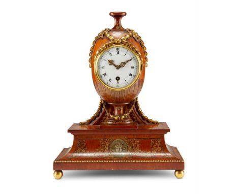 Y A SATINWOOD, TULIPWOOD AND POLYCHROME PAINTED MANTEL TIMEPIECE IN GEORGE III STYLE PERCY WEBSTER, LONDON 1934With a Present