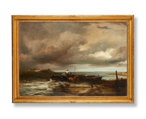 FREDERICK RICHARD LEE (BRITISH 1798-1879)AN ESTUARY WITH FIGURES UNLOADING A FERRY Oil on canvas Signed and dated 1834 (lower
