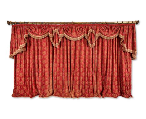 TWO PAIRS OF WINE AND GOLD TAPESTRY CURTAINSIn 'Fritillaries' fabric, lined and interlined, with brass pelmetApproximately 30