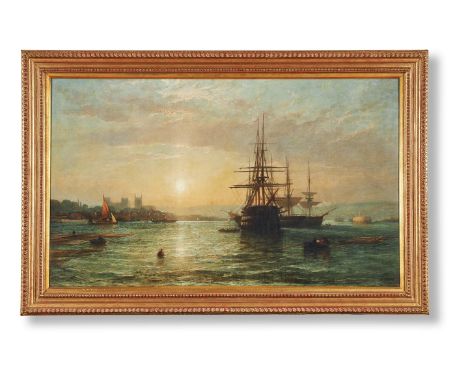 ATTRIBUTED TO JAMES FRANCIS DANBY (BRITISH  1816-1875)FRIGATES MOORED OFF THE SHORE, ROCHESTEROil on canvas Signed and dated 