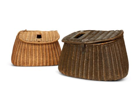 TWO WICKER FISHING CREELS27cm high, 40cm long; 25cm high, 36cm longCondition Report: The darker creel has damage to the hinge