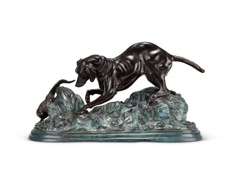 A LARGE BICOLOUR PATINATED BRONZE ANIMALIER GROUP OF A HOUND AND PHEASANT, IN THE MANNER OF MÊNEEARLY 20TH CENTURY32cm high, 