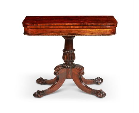 Y A GEORGE IV ROSEWOOD CARD TABLECIRCA 1825With a turned pillar support, on quadruple hipped and moulded splayed legs ending 