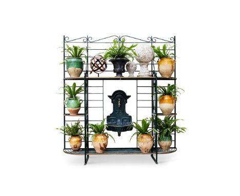 A COLLECTION OF TERRACOTTA POTS AND BALL FINIALSTogether with, a grey slate campana and a green painted wrought iron and bras