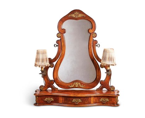 A WALNUT AND GILT-METAL MOUNTED DRESSING TABLE MIRROR19TH CENTURYWith three drawers, originally the superstructure of a dress