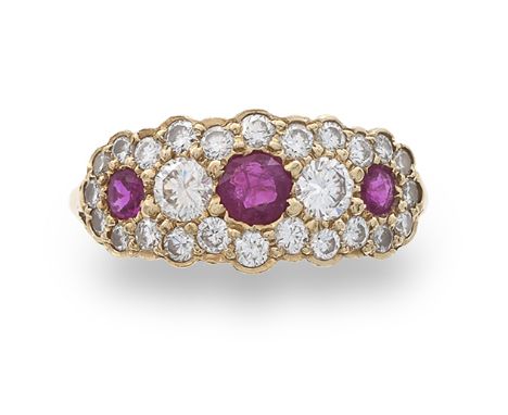 A diamond and ruby ring, composed of a trio of rcircular-cut rubies to a surround of round brilliant-cut diamonds within a ye