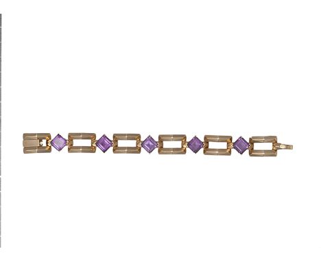 An amethyst and 14 carat gold bracelet, composed of alternating square-cut amethysts between rectangular openwork links, leng