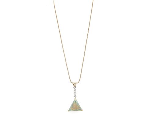 A diamond and opal pendant, composed of a triangular-cut opal within a three-claw setting to a graduated round brilliant-cut 