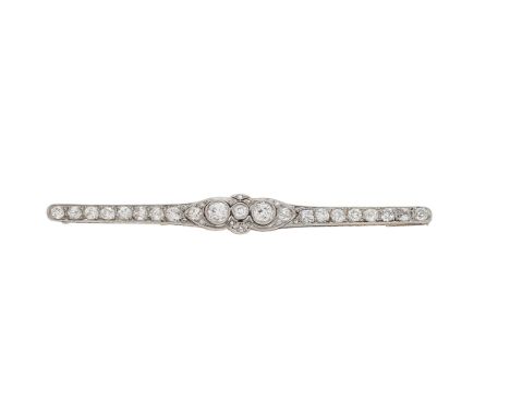 An Art Deco diamond bar brooch, the central curved plaque composed of two principal old round brilliant-cut diamonds to an el