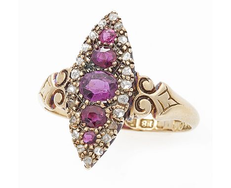 An early 18th Century ruby and diamond ring, the navette-shaped design set with graduated old cushion-cut rubies to front to 