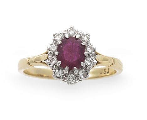 A diamond and ruby ring, composed of a oval mixed-cut ruby to a surround of round brilliant-cut diamonds, diamonds approx. 0.