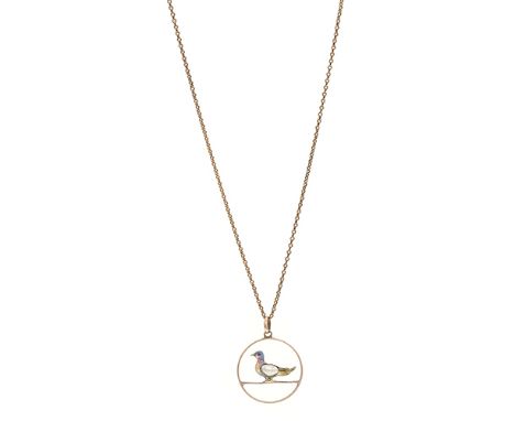 A 9 carat gold pendant of a bird, the enamelled colourful bird motif set with a split baroque pearl within a circular openwor