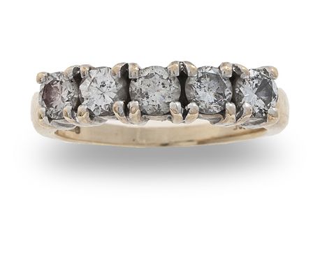 A diamond five-stone ring, composed of five round brilliant-cut diamonds within a 14 carat gold setting, diamonds approx. 1.0