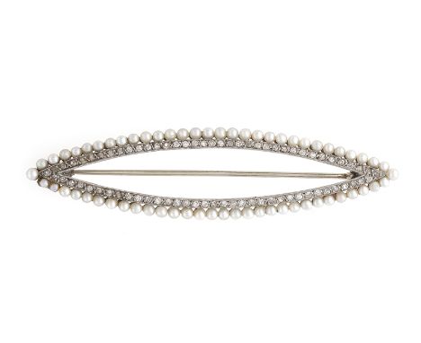 An early 20th Century diamond and pearl brooch, the navette-shaped openwork design composed of single-cut diamonds within a f