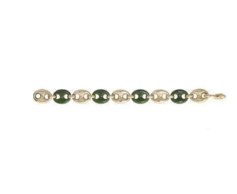 ***ESTIMATE SHOULD READ €1700-1900***A jade and 18 carat gold bracelet, composed of alternating polished oval-shaped links of